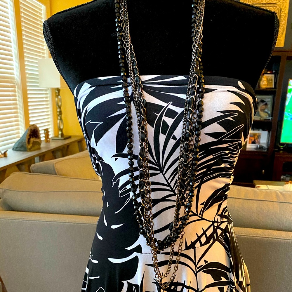 Beaded black and silver necklace with black ribbon
